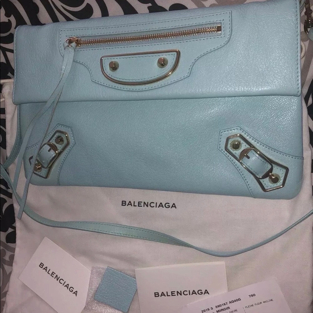 Balenciaga Metallic Edge Baby Blue Envelope Clutch Small Purse